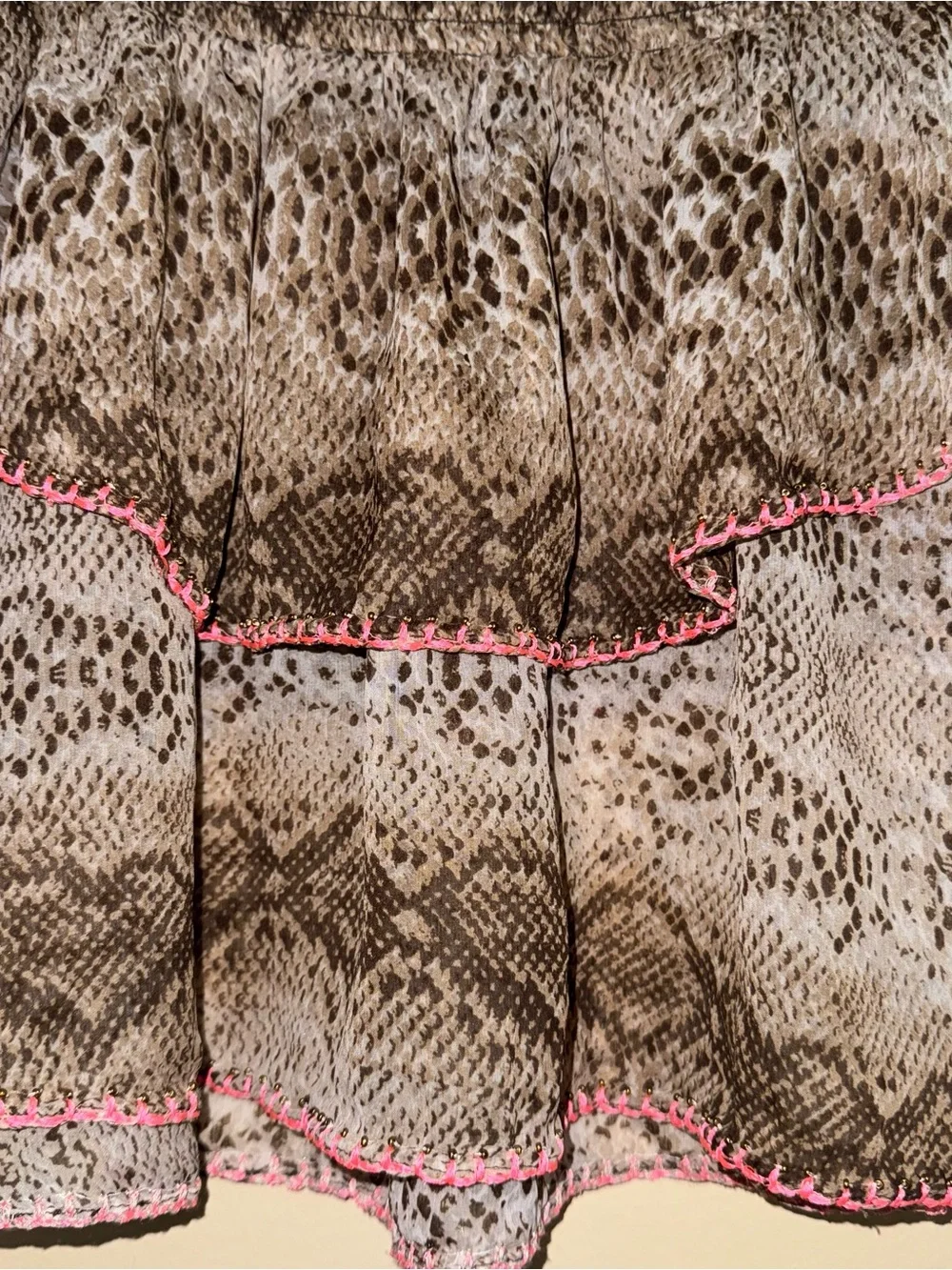 Ramy Brook Brown Snakeskin Ruffle Pink Trim Sheer Ruffle Mini Skirt Size M
